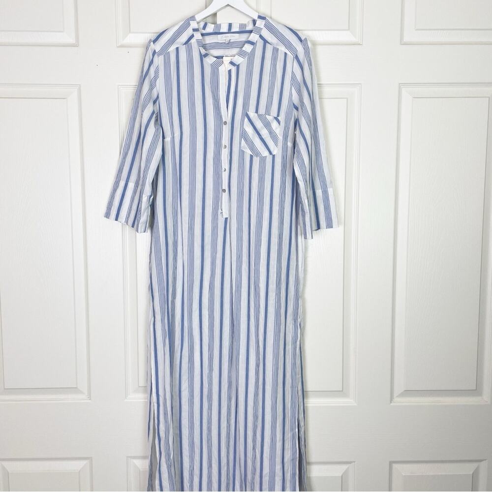Everyday Ritual Tracey Caftan Maxi Dress Blueberry Stripe Crinkle Cotton NWT SzL - Picture 3 of 10
